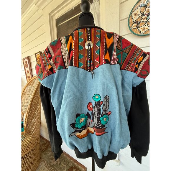 Vintage 80's handmade Southwestern-style denim jacket/sweatshirt Womens XL - Picture 2 of 16